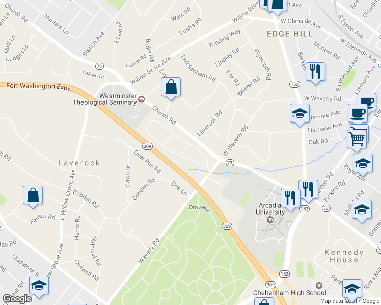 map of restaurants, bars, coffee shops, grocery stores, and more near 2648 Church Road in Glenside