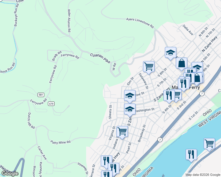 map of restaurants, bars, coffee shops, grocery stores, and more near 708 Spring Haven Drive in Martins Ferry