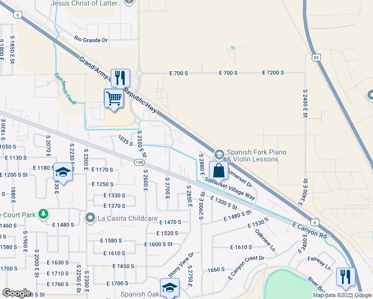 map of restaurants, bars, coffee shops, grocery stores, and more near 1067 South 2760 East in Spanish Fork