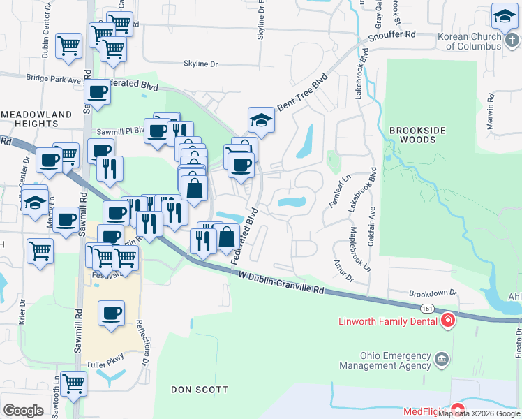 map of restaurants, bars, coffee shops, grocery stores, and more near 2311 Meadow Creek Drive in Columbus