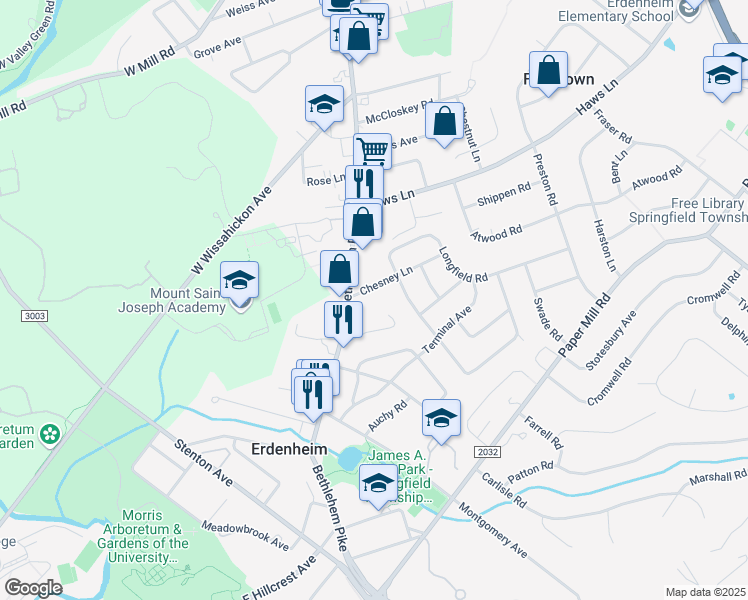 map of restaurants, bars, coffee shops, grocery stores, and more near 8 Chesney Lane in Erdenheim