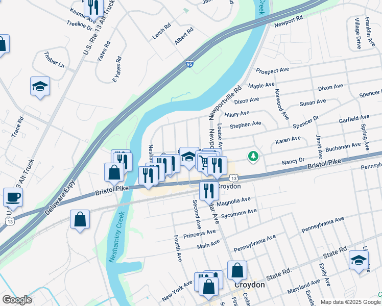 map of restaurants, bars, coffee shops, grocery stores, and more near 156 Walnut Avenue in Croydon