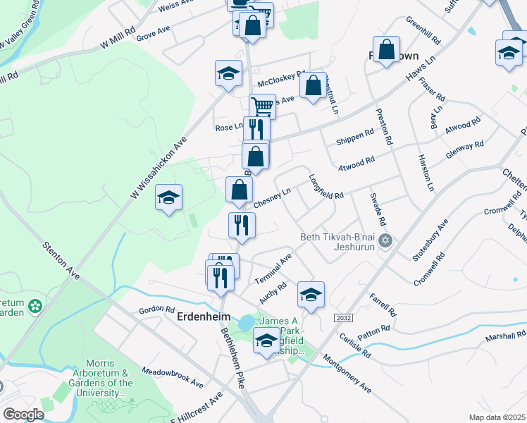 map of restaurants, bars, coffee shops, grocery stores, and more near 8 Chesney Lane in Erdenheim