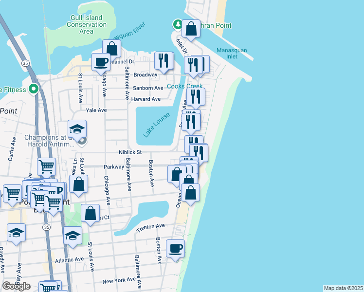 map of restaurants, bars, coffee shops, grocery stores, and more near 229 Ocean Avenue in Point Pleasant Beach