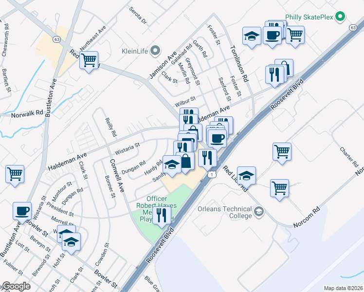 map of restaurants, bars, coffee shops, grocery stores, and more near 2100 Red Lion Road in Philadelphia