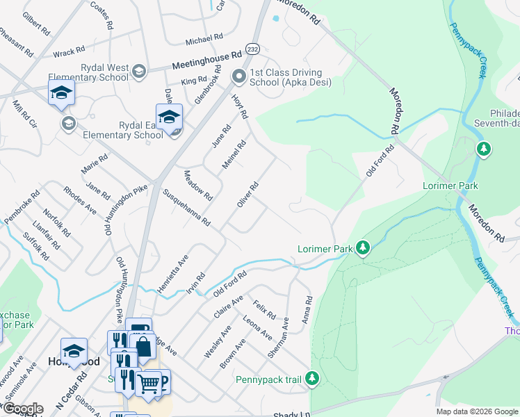 map of restaurants, bars, coffee shops, grocery stores, and more near 1207 Oliver Road in Montgomery County