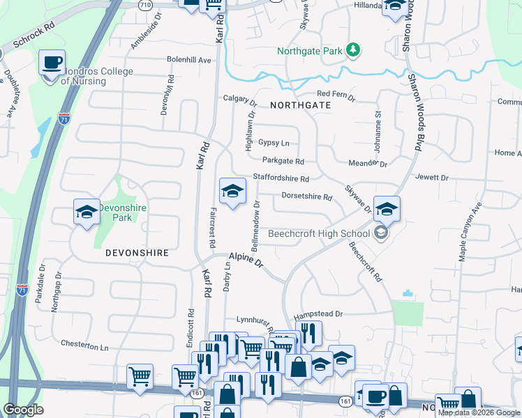 map of restaurants, bars, coffee shops, grocery stores, and more near 6321 Bellmeadow Drive in Columbus