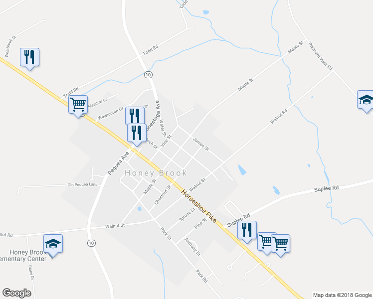 map of restaurants, bars, coffee shops, grocery stores, and more near 441 Water Street in Honey Brook