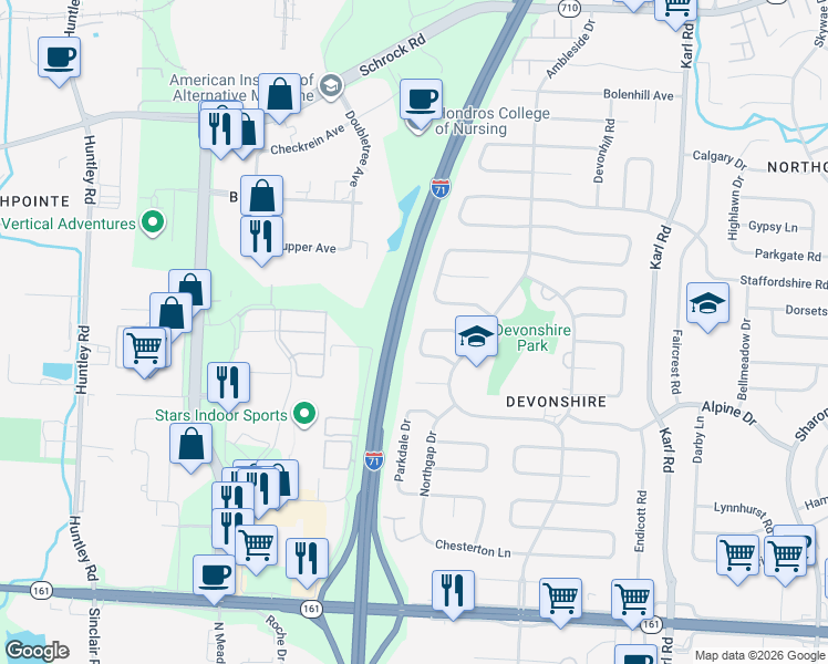 map of restaurants, bars, coffee shops, grocery stores, and more near 1209 Kildale Square South in Columbus