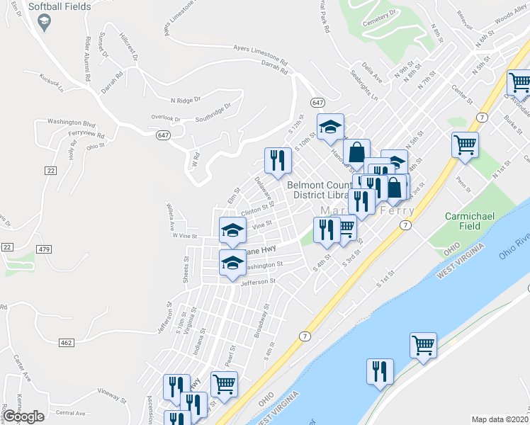 map of restaurants, bars, coffee shops, grocery stores, and more near 510 Clinton Street in Martins Ferry