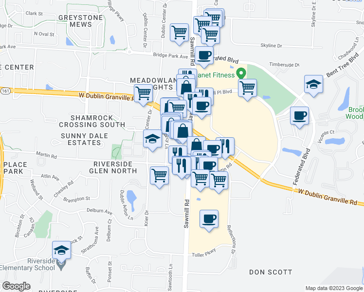 map of restaurants, bars, coffee shops, grocery stores, and more near 6301-6393 Sawmill Road in Dublin