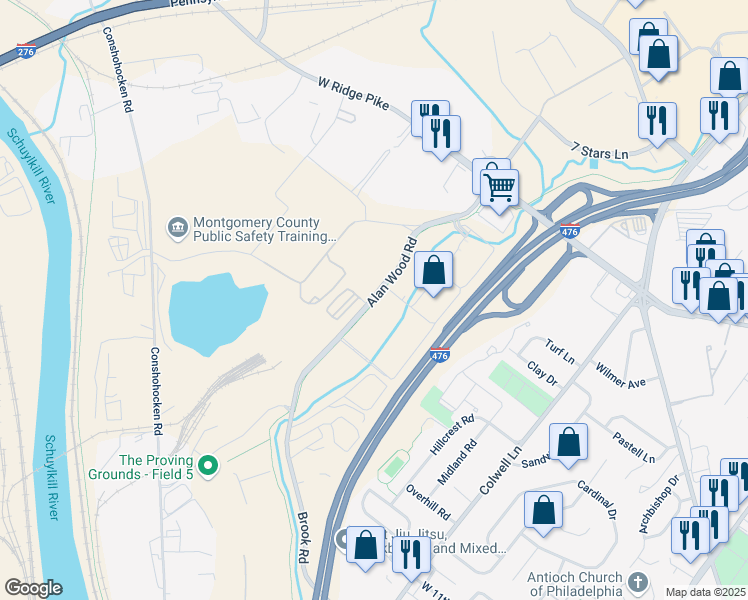 map of restaurants, bars, coffee shops, grocery stores, and more near 420 Alan Wood Road in Conshohocken