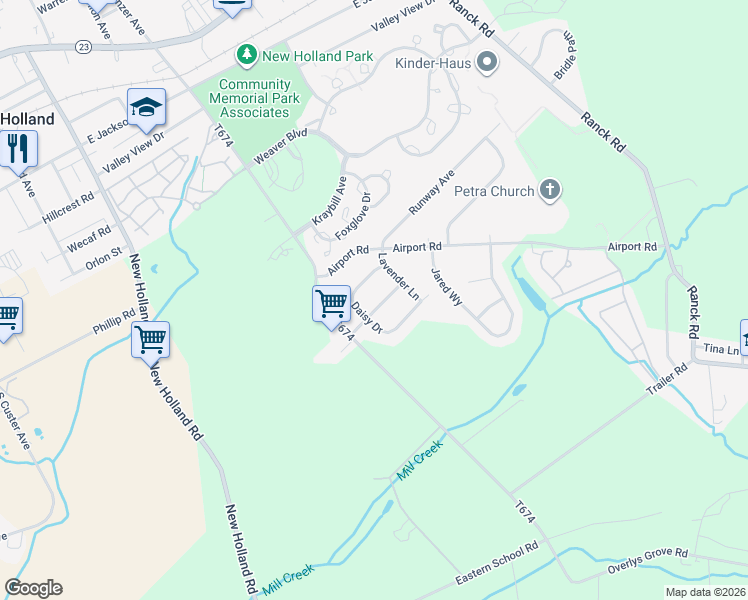 map of restaurants, bars, coffee shops, grocery stores, and more near 484 Daisy Drive in New Holland