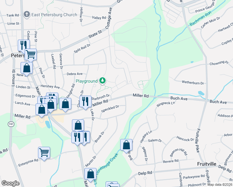 map of restaurants, bars, coffee shops, grocery stores, and more near 2571 Camas Lane in East Petersburg