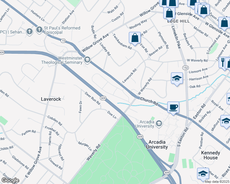 map of restaurants, bars, coffee shops, grocery stores, and more near in Glenside