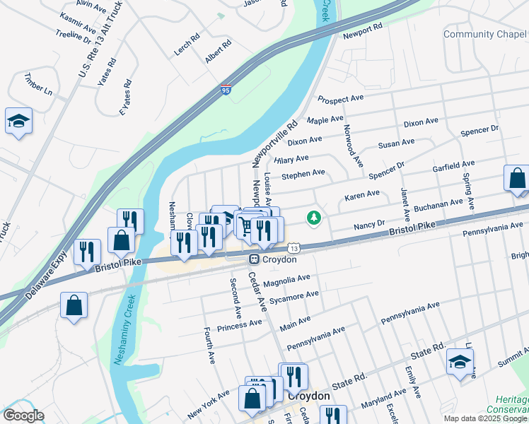 map of restaurants, bars, coffee shops, grocery stores, and more near 900 Spencer Drive in Croydon