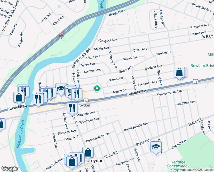 map of restaurants, bars, coffee shops, grocery stores, and more near 1107 Karen Ave in Croydon