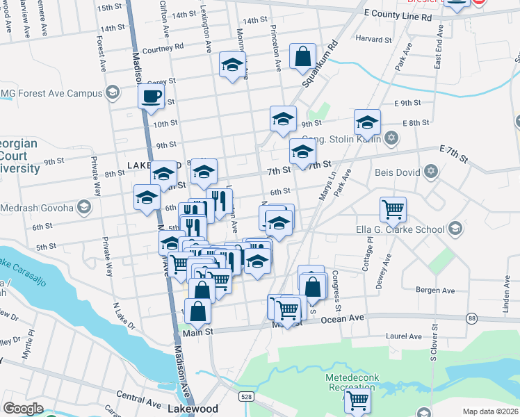 map of restaurants, bars, coffee shops, grocery stores, and more near 100 6th Street in Lakewood
