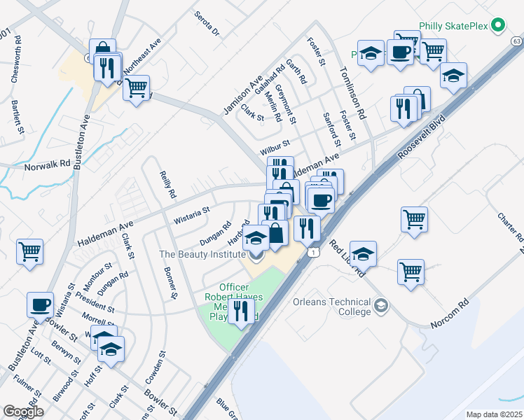 map of restaurants, bars, coffee shops, grocery stores, and more near 9986 Wistaria Street in Philadelphia