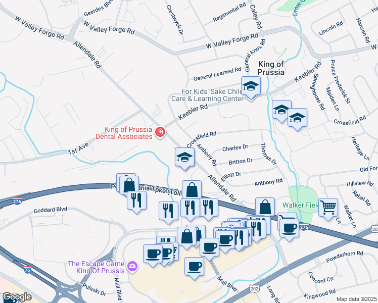 map of restaurants, bars, coffee shops, grocery stores, and more near 388 Allendale Rd in King of Prussia