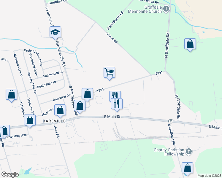 map of restaurants, bars, coffee shops, grocery stores, and more near 162 Butter Road in Leola