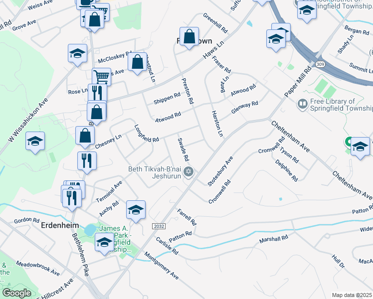 map of restaurants, bars, coffee shops, grocery stores, and more near 714 Swade Road in Glenside