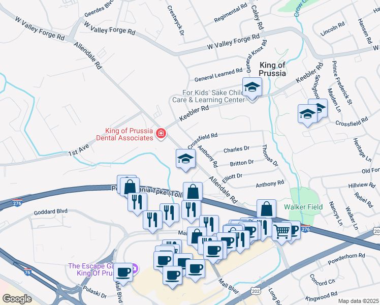 map of restaurants, bars, coffee shops, grocery stores, and more near 388 Allendale Rd in King of Prussia