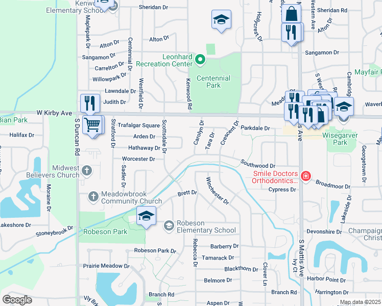 map of restaurants, bars, coffee shops, grocery stores, and more near 1711 Carolyn Drive in Champaign