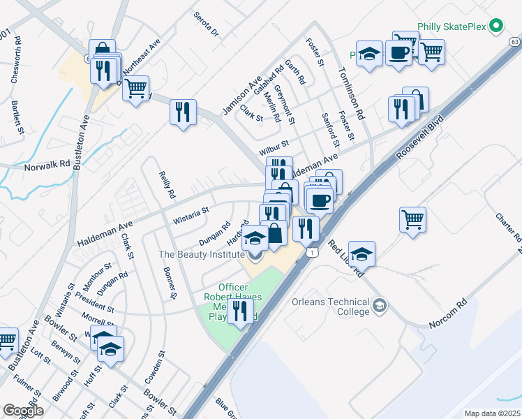 map of restaurants, bars, coffee shops, grocery stores, and more near 9986 Wistaria Street in Philadelphia