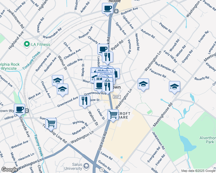 map of restaurants, bars, coffee shops, grocery stores, and more near in Jenkintown