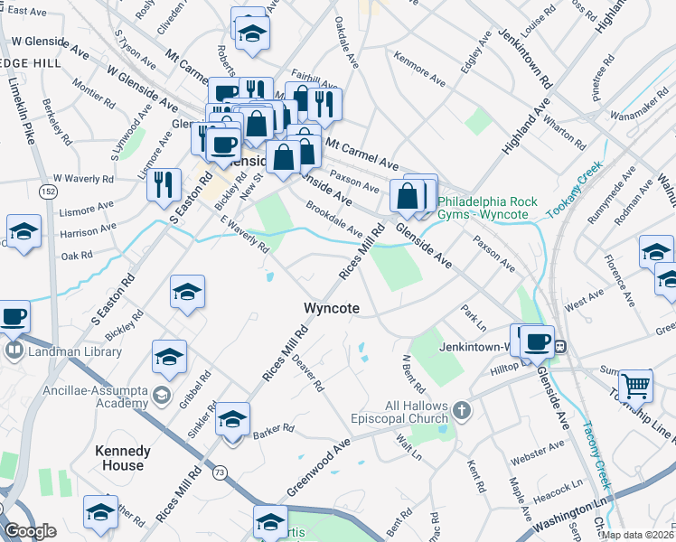 map of restaurants, bars, coffee shops, grocery stores, and more near 315 Hewett Road in Wyncote