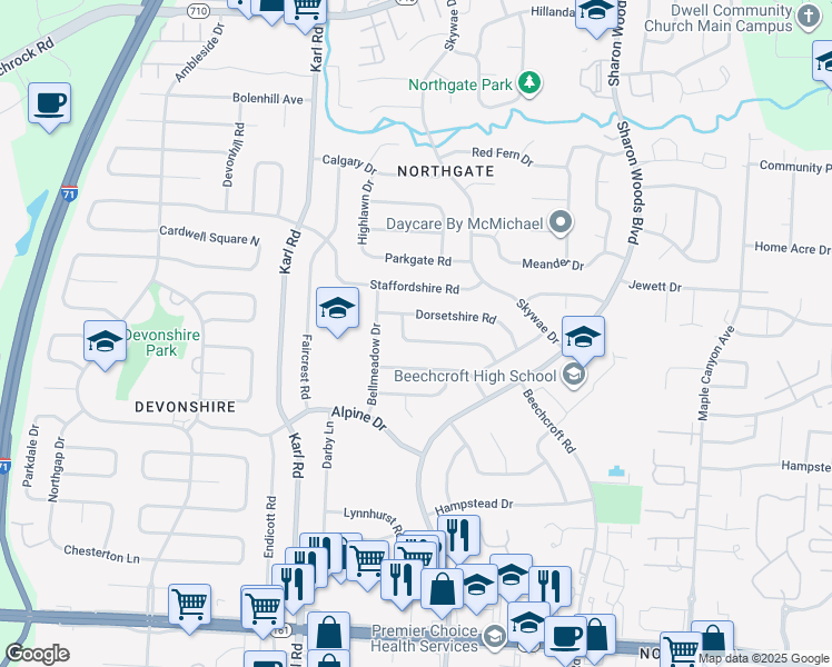 map of restaurants, bars, coffee shops, grocery stores, and more near 1738 Dorsetshire Road in Columbus