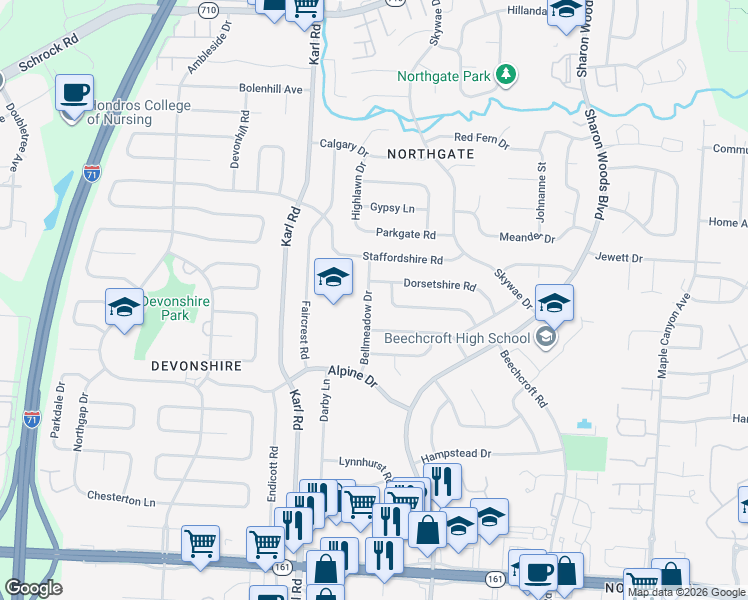 map of restaurants, bars, coffee shops, grocery stores, and more near 6321 Bellmeadow Drive in Columbus