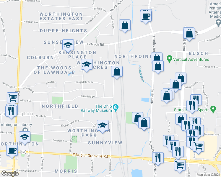 map of restaurants, bars, coffee shops, grocery stores, and more near 6381 Proprietors Road in Columbus