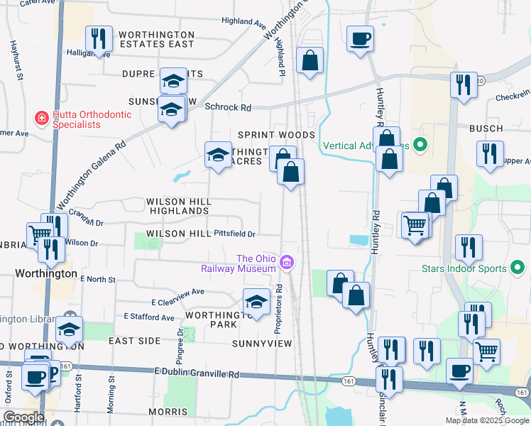 map of restaurants, bars, coffee shops, grocery stores, and more near 6381 Proprietors Road in Columbus
