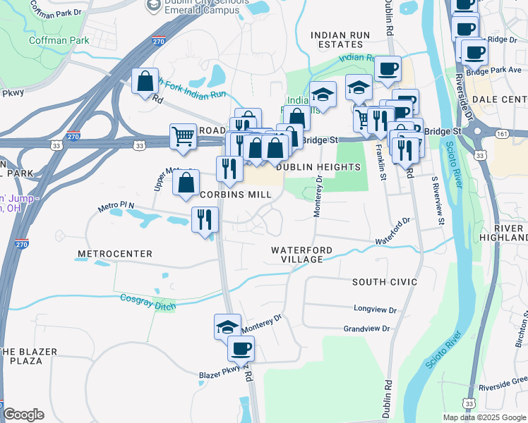 map of restaurants, bars, coffee shops, grocery stores, and more near 123 Corbins Mill Drive in Dublin