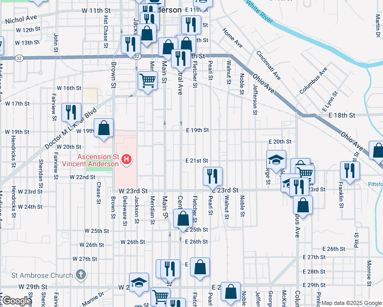 map of restaurants, bars, coffee shops, grocery stores, and more near 2004 Fletcher Street in Anderson