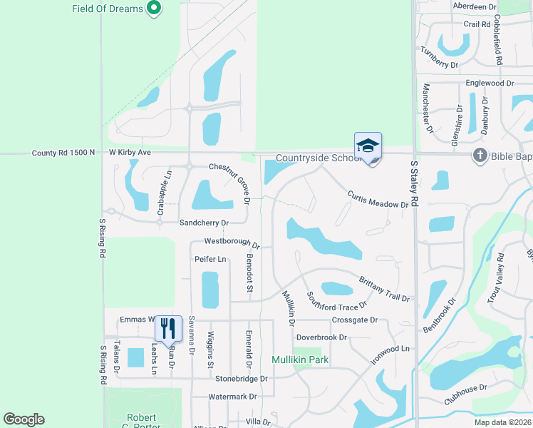 map of restaurants, bars, coffee shops, grocery stores, and more near 1701 Mullikin Drive in Champaign