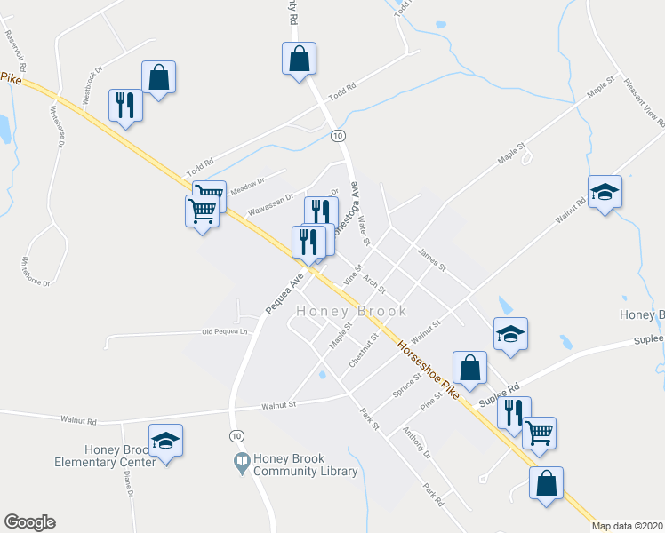 map of restaurants, bars, coffee shops, grocery stores, and more near 4661 Horseshoe Pike in Honey Brook
