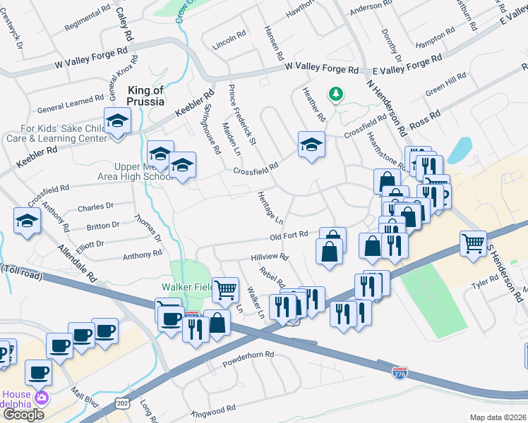 map of restaurants, bars, coffee shops, grocery stores, and more near in King of Prussia