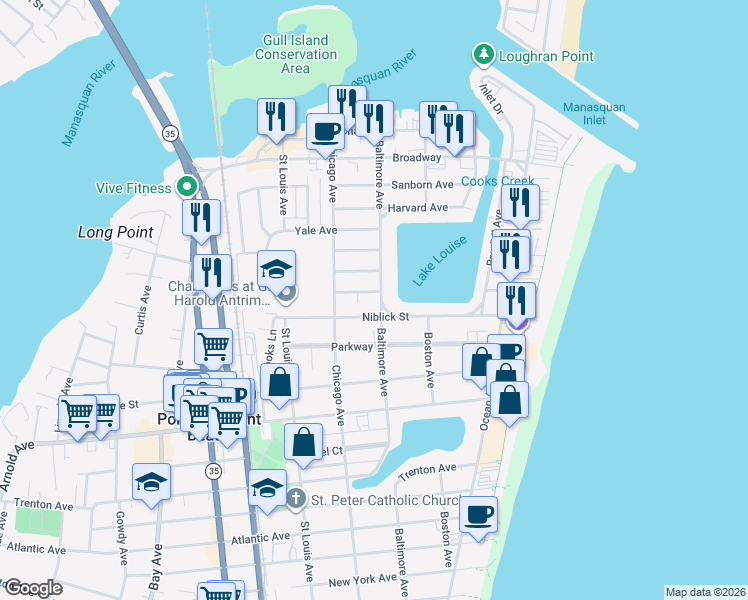 map of restaurants, bars, coffee shops, grocery stores, and more near 201 Homestead Avenue in Point Pleasant Beach