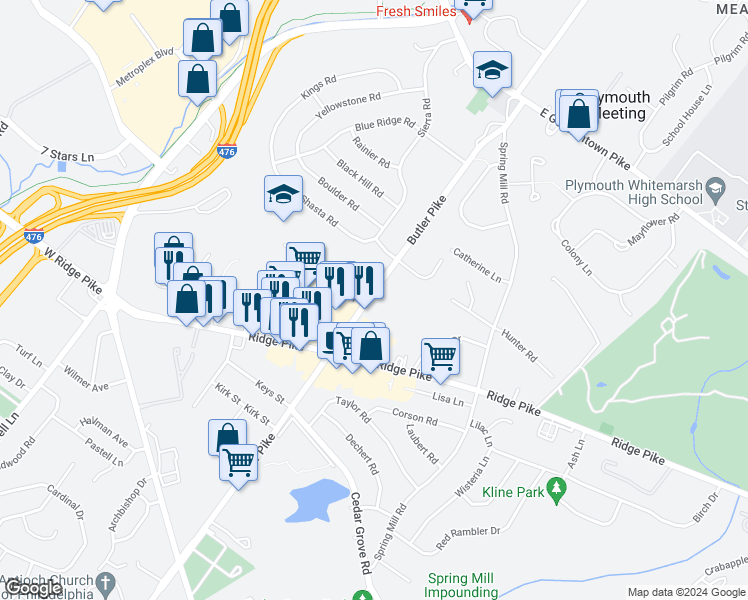 map of restaurants, bars, coffee shops, grocery stores, and more near 3030 Butler Pike in Conshohocken