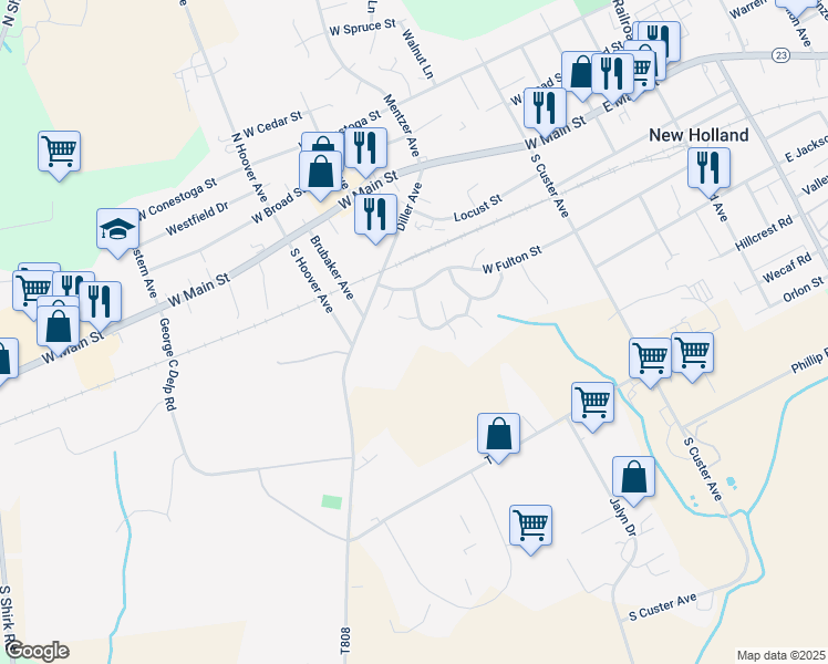 map of restaurants, bars, coffee shops, grocery stores, and more near 218 Stoever Drive in New Holland