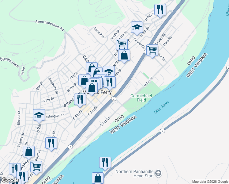 map of restaurants, bars, coffee shops, grocery stores, and more near 20 North 4th Street in Martins Ferry