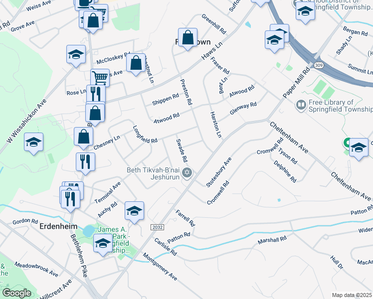 map of restaurants, bars, coffee shops, grocery stores, and more near 714 Swade Road in Glenside
