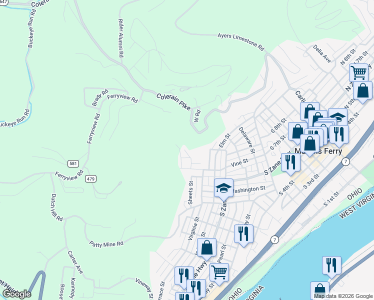 map of restaurants, bars, coffee shops, grocery stores, and more near 708 Spring Haven Drive in Martins Ferry