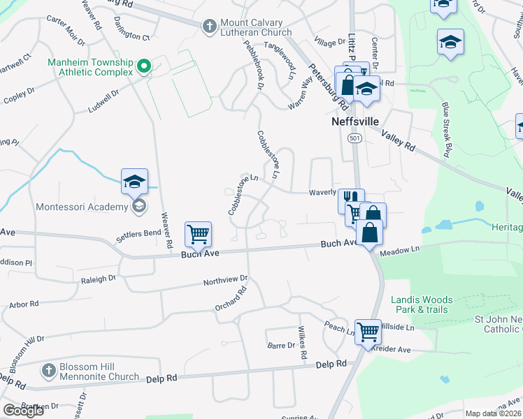 map of restaurants, bars, coffee shops, grocery stores, and more near 612 Cobblestone Lane in Lancaster