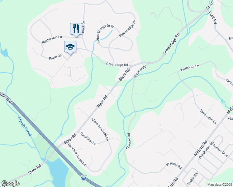 map of restaurants, bars, coffee shops, grocery stores, and more near 372 Styer Road in Glenmoore