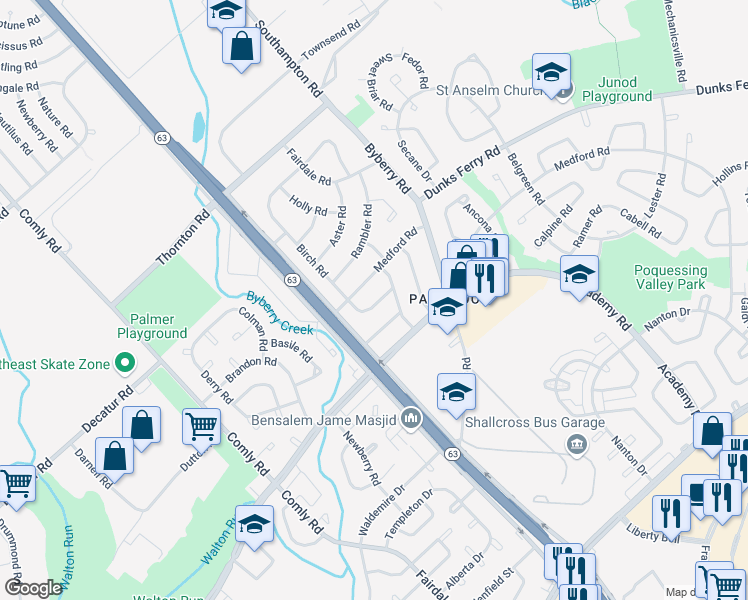 map of restaurants, bars, coffee shops, grocery stores, and more near 12114 Ranier Road in Philadelphia