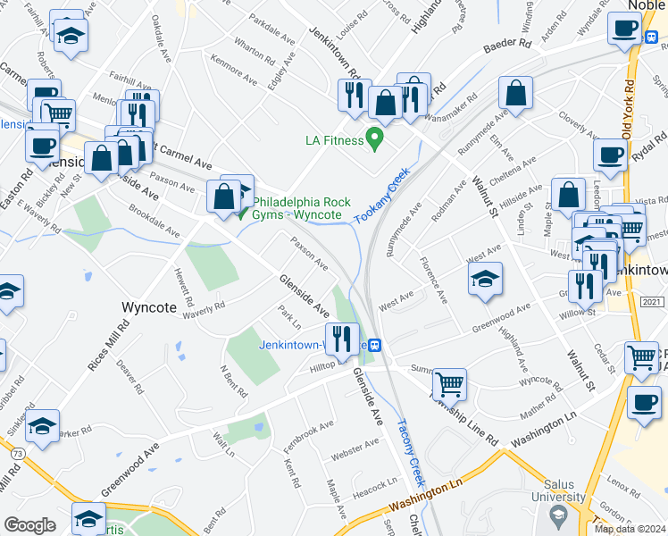 map of restaurants, bars, coffee shops, grocery stores, and more near 619 Paxson Avenue in Wyncote